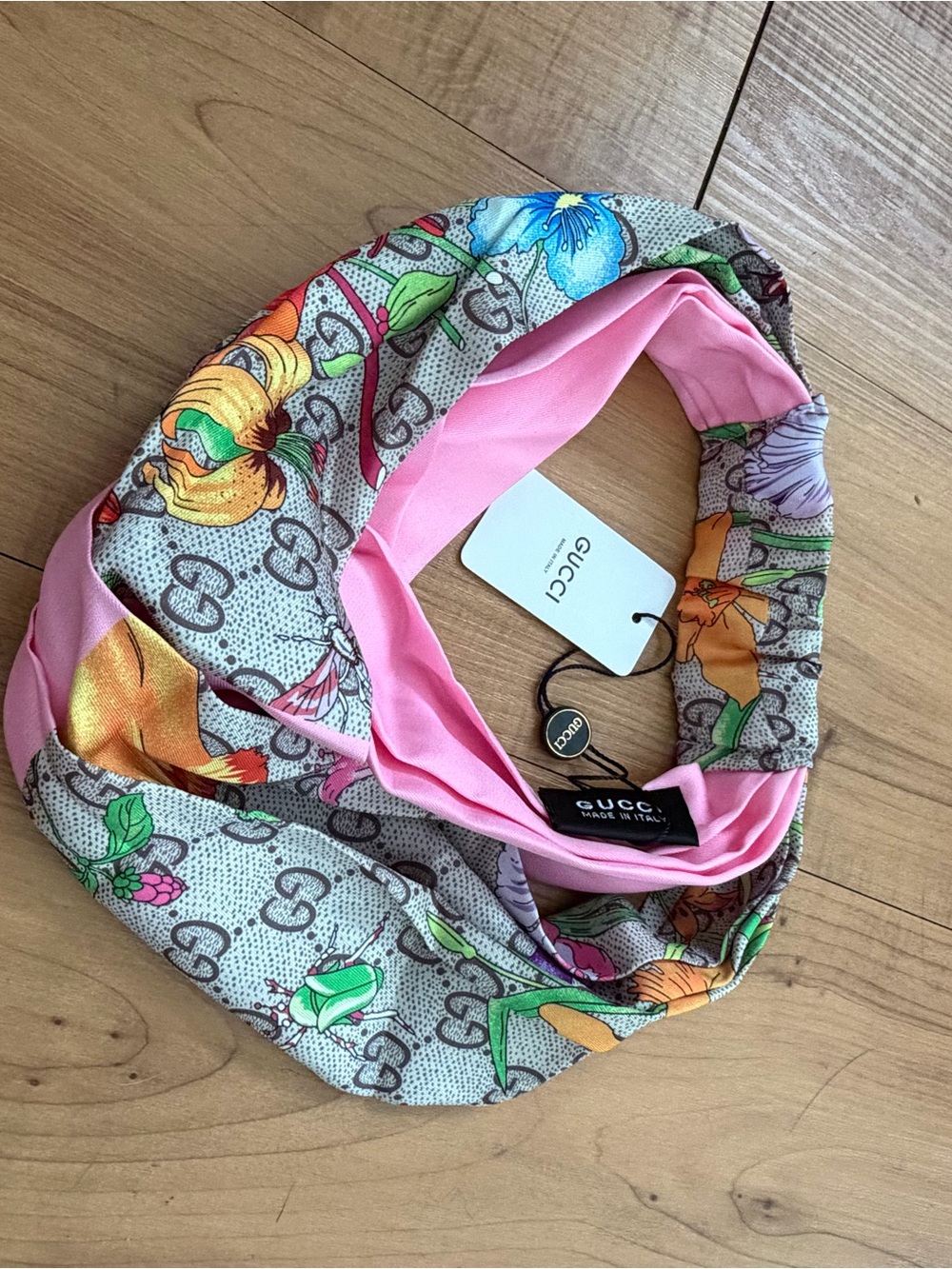 GG Silk Monogram Stretch Headband Pink Floral - Picture 2 of 9